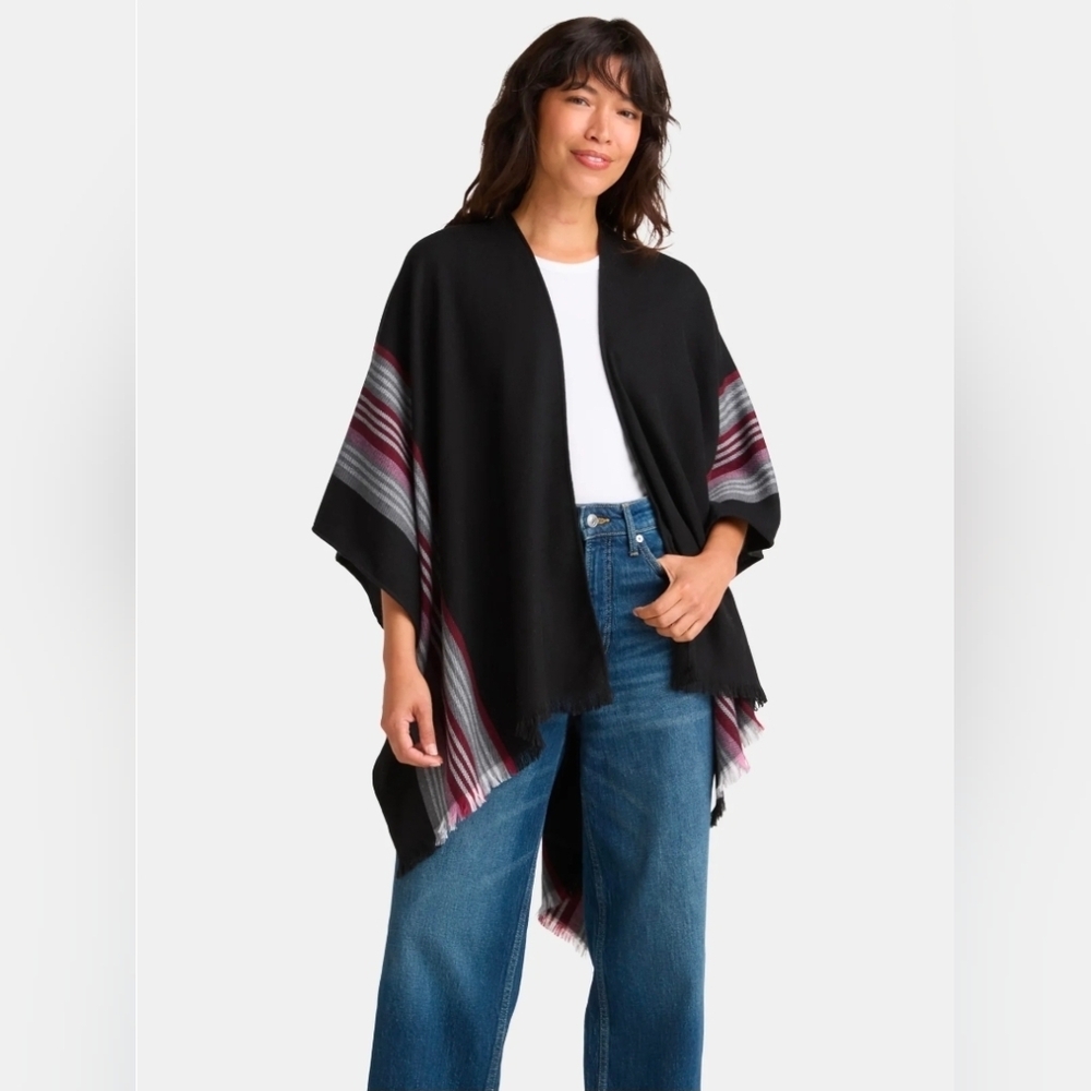 Women's Woven Ruana Fashion Coverup with Stripe Border Detail, One Size,